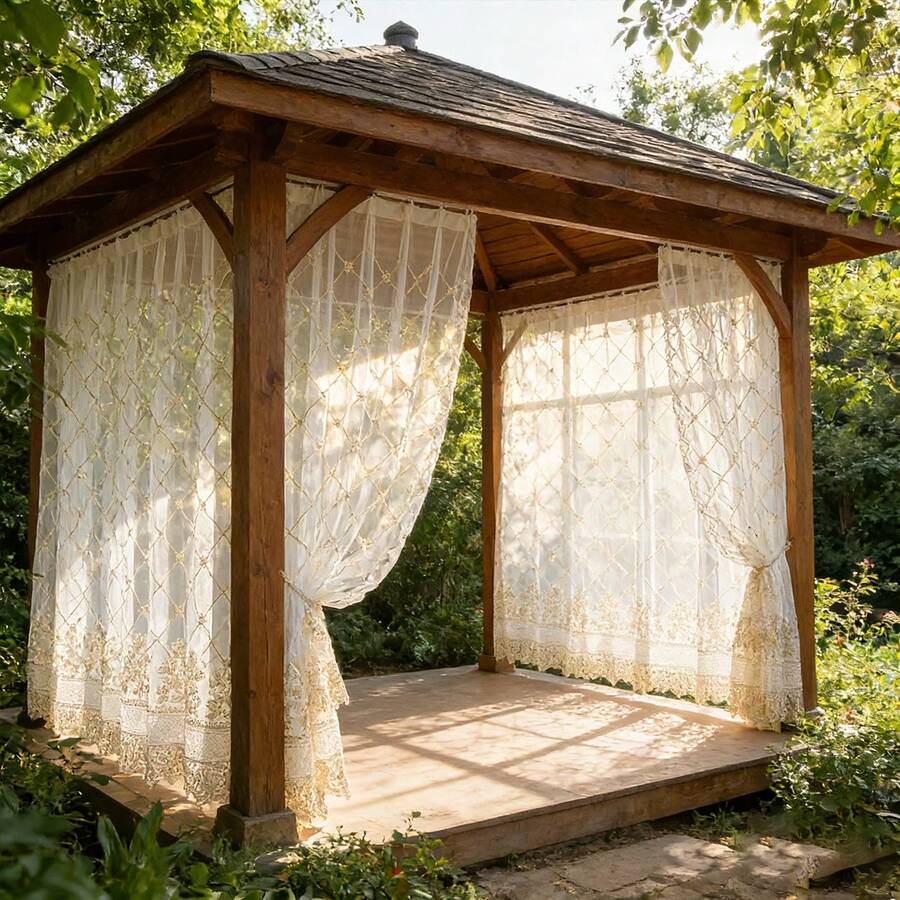 1 pieza Cortina transparente bordada a cuadros para exteriores, cortina de voile blanca estilo granja romántica, patrón floral bordado en 3D adecuado para porche exterior, hotel, piscina, pasillo del jardín para proporcionar privacidad, divisor de cocina, balcón del dormitorio, decoración de la sala de estar - 1 unidad - Ver 1