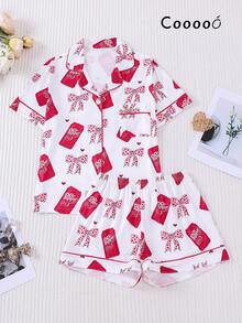 Full Of American Retro Feel! Soda Bow Pajamas Two-Piece Set, Sweet And Cool Contrasting Color Design, Eye-Catching For Both Home And Outdoor Wear, Comfortable And Stylish - White - View 2