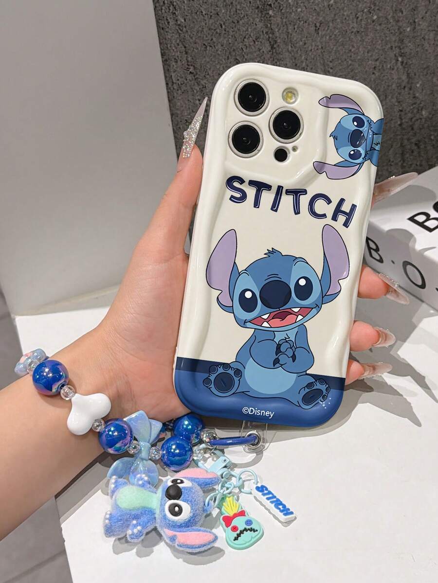 Disney Lilo & Stitch Phone Case With Stitch Beaded Wrist Strap & Plush Keychain, Cute Stitch Cartoon Full Print With "STITCH" Text, Shockproof Silicone Wave Edge Case With 3D Stitch Charm & Hand Strap, Disney Stitch Phone Cover For IPhone 17, 16, 15, 14, 13, 12, And 11 Pro Models. Made Of Durable TPU With Shockproof Protection. A Fun Gift For Family, Friends, Birthdays, Holidays, And Special Occasions. - trắng - Xem 1