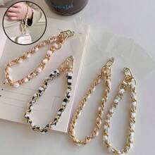 1pc Fluffy & Golden Chain Shiny Phone Lanyard, Fresh Wrist Strap Wristlet, Short Anti-Drop Anti-Lost Wrist Strap - Multicolor - View 1