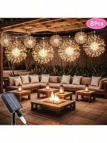 8pcs Solar Hanging Firework Lights 480 LED Solar Powered Outdoor Sparkling Starburst Sphere Lights 8 Modes Fairy Light For Patio - 8PCS暖色 - 查看 11