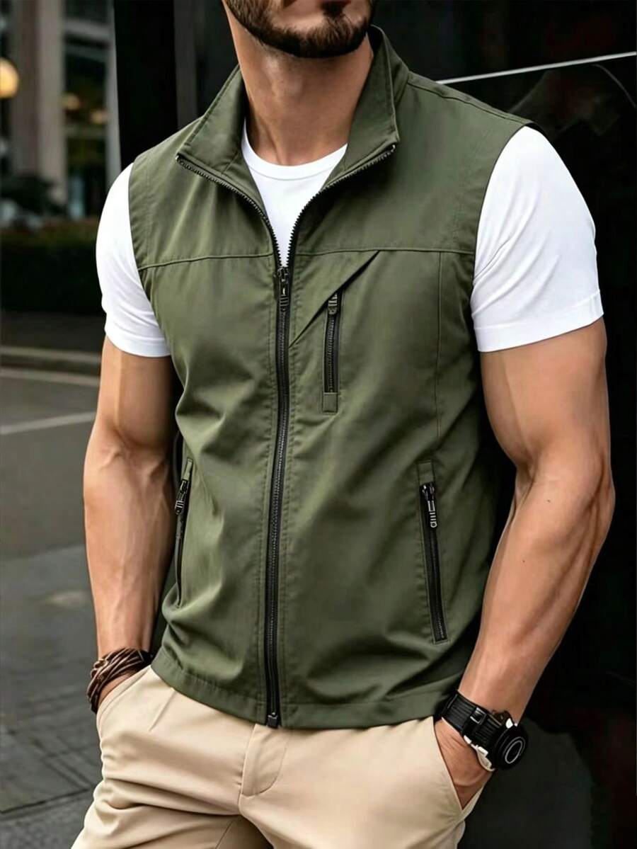 男士春秋薄款立領背心外套,多口袋休閒運動風 - 軍綠色 - 查看 1