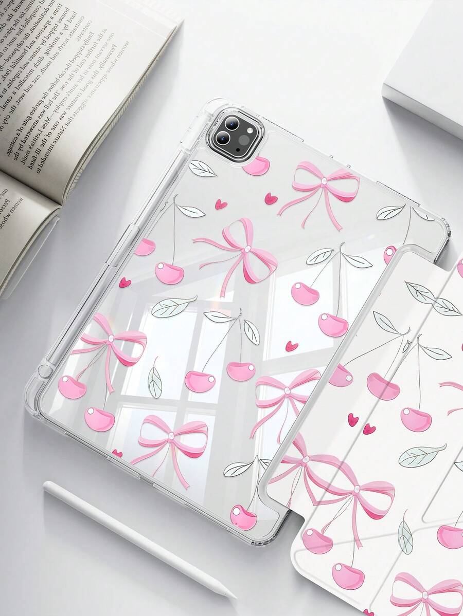 A Cute Cartoon Heart Cherry Bow Dual-Sided Acrylic Transparent Crystal Back Cover, Shock-Proof, Suitable For IPad 7th, 8th, 10th Generation (10.2 Inch), Built-In Pen Slot, Support Sleep/Wake Function, Ideal Gift Choice - Multicolor - View 1