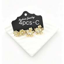 Set de 4 piezas/14 piezas de pendientes de estilo europeo y americano, combinación de varios estilos como mariposa/hoja/botón - Dorado - Ver 6