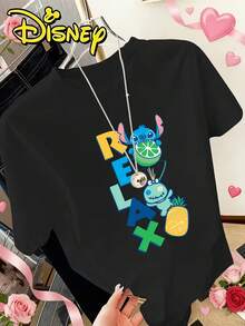 Disney License T Shirts, Disney Lilo & Stitch Stitch RELAX Lemon Pineapple Cartoon Print Women's Crew Neck Casual Short Sleeve T-Shirt, Kawaii Vacation Graphic Tee, Regular Fit Summer Daily Tops,  Streetwear For Teen Girls, Leisure Holiday Disney Theme Park Wear, Cute Summer Gift Tshirt  ,Camiseta, Summer Outfits For Women, Summer Clothes, Summer Tops, Tops For Women, Festival Outfits, Summer Tops For Women, Mother's Day, Mother's Day Clothing, Gifts For Family And Friends, Spring Outfits For Women, Officially Licensed Disney T-Shirts, Disney Men's And Women's Spring/Summer Fashion Casual Short-Sleeve T-Shirts - Black - View 1