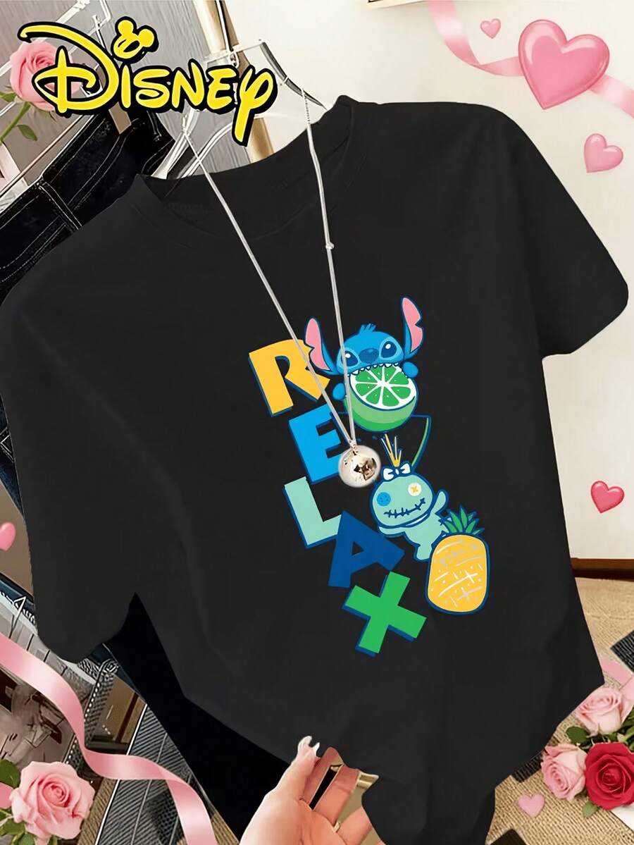 Disney License T Shirts, Disney Lilo & Stitch Stitch RELAX Lemon Pineapple Cartoon Print Women's Crew Neck Casual Short Sleeve T-Shirt, Kawaii Vacation Graphic Tee, Regular Fit Summer Daily Tops,  Streetwear For Teen Girls, Leisure Holiday Disney Theme Park Wear, Cute Summer Gift Tshirt  ,Camiseta, Summer Outfits For Women, Summer Clothes, Summer Tops, Tops For Women, Festival Outfits, Summer Tops For Women, Mother's Day, Mother's Day Clothing, Gifts For Family And Friends, Spring Outfits For Women, Officially Licensed Disney T-Shirts, Disney Men's And Women's Spring/Summer Fashion Casual Short-Sleeve T-Shirts - Black - View 1
