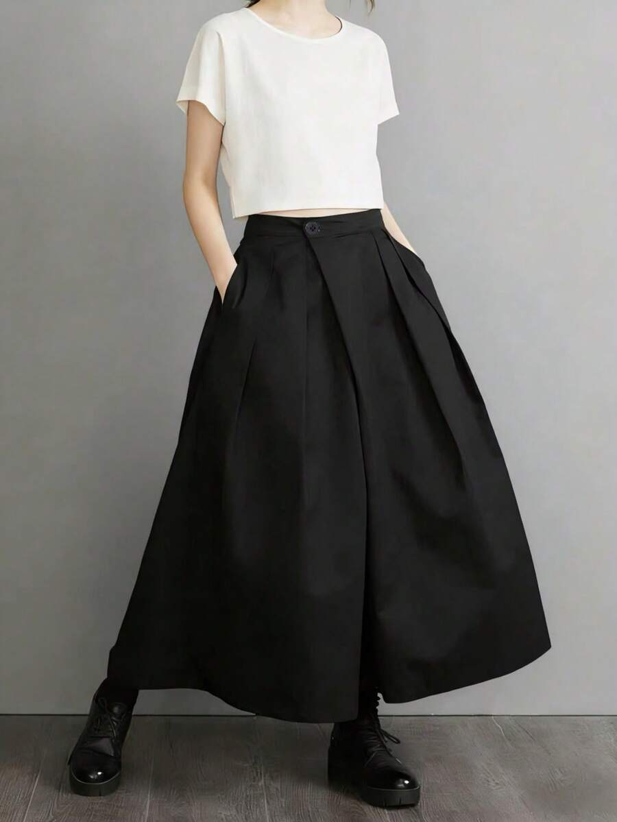 春夏新款宽松阔腿裤，褶裥设计，女士黑色 - 黑色 - 查看 1