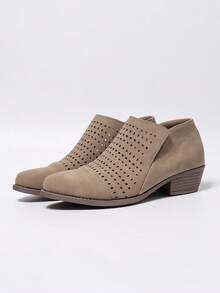 Khaki Hollow Asymmetrical Chunky Low Heel Round Toe Comfortable Versatile Elegant Casual Commute Fashion Spring Boots For Women, All Season - Khaki - View 3