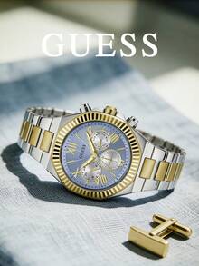 Guess Reloj de cuarzo multifuncional, esfera retro, caja de acero inoxidable, esfera negra, accesorio de reloj de lujo para playa de verano, pulsera de acero de moda para hombres, estilo casual de negocios, adecuado como regalo de aniversario o Día del Padre GW0703G3 - Azul cielo - Ver 3