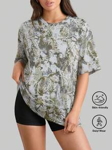 SUPEKYKO Plus Size Women Summer Street Y2K Tree Branch Print Short Sleeve T-Shirt, Camouflage Top Sports - Green - View 4