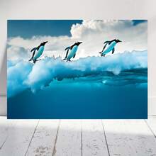 2D Plano, 2D Plano Tres Pingüinos Saltando de un Banco de Hielo al Océano | Estilo Art Déco, Ideal para Decoración de Fiestas, Adecuado para Aula, Oficina en Casa, Cocina, Dormitorio, Sala de Estar - Enmarcado - Ver 1
