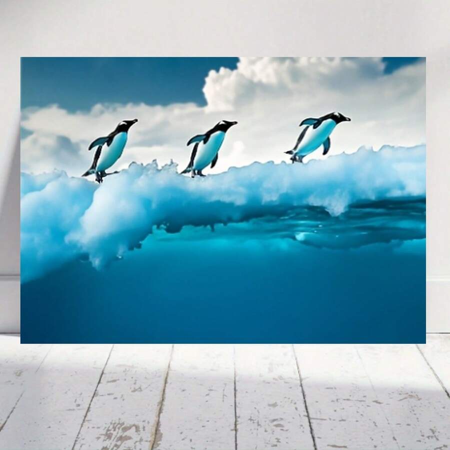 2D Plano, 2D Plano Tres Pingüinos Saltando de un Banco de Hielo al Océano | Estilo Art Déco, Ideal para Decoración de Fiestas, Adecuado para Aula, Oficina en Casa, Cocina, Dormitorio, Sala de Estar - Enmarcado - Ver 1