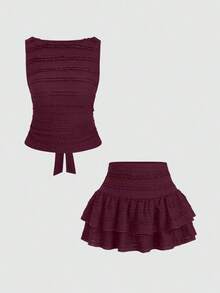 Conjunto de 2 piezas de top sin mangas plisado y minifalda de unicolor para mujer - Burdeos - Ver 9