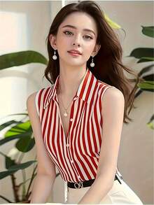 Áo khoác cardigan không tay kẻ sọc đỏ dành cho nữ, kiểu dáng dễ thương và đẹp mắt, phong cách retro, thanh lịch, thích hợp cho mùa hè. - Đỏ - Xem 1
