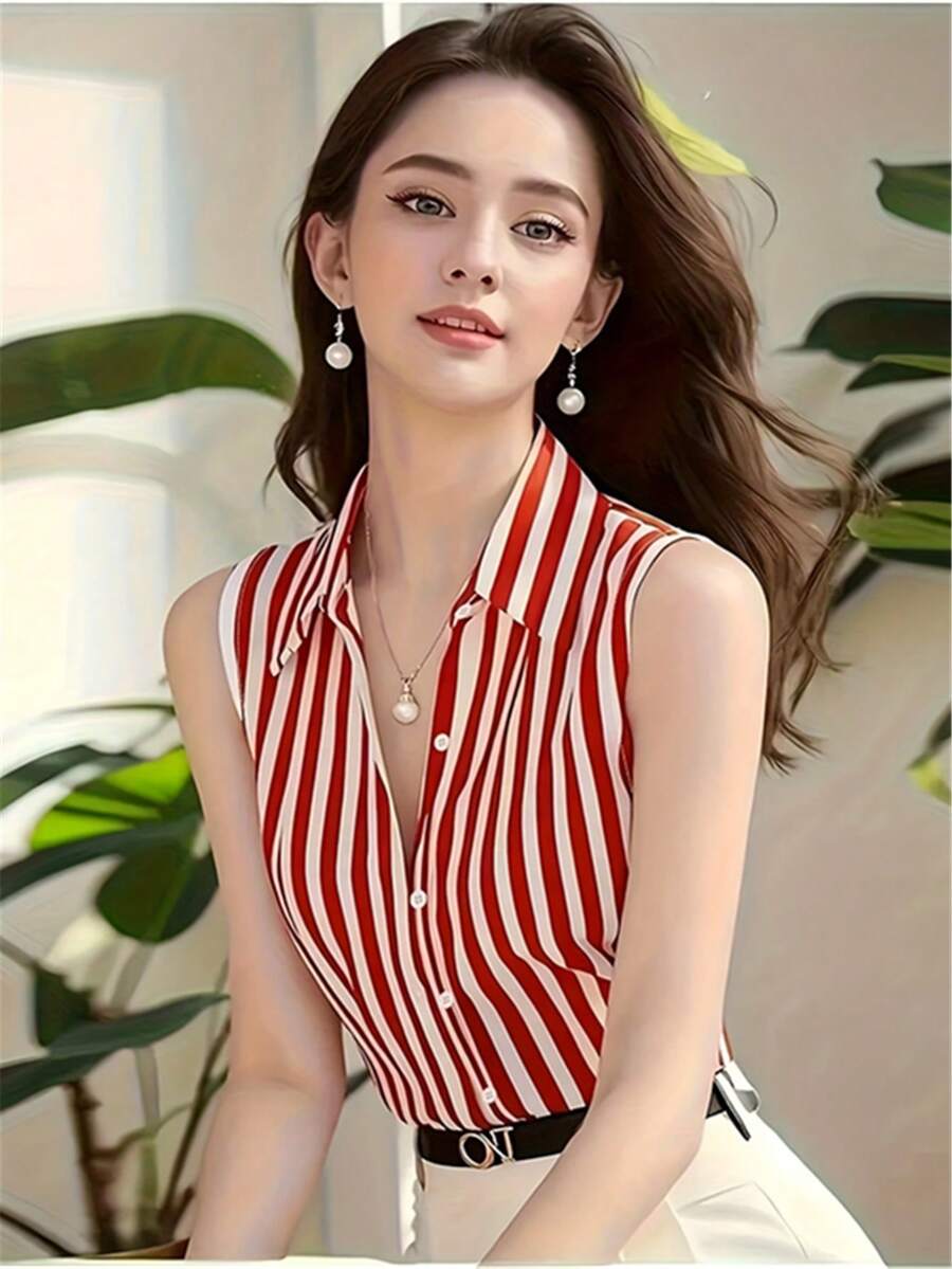 Áo khoác cardigan không tay kẻ sọc đỏ dành cho nữ, kiểu dáng dễ thương và đẹp mắt, phong cách retro, thanh lịch, thích hợp cho mùa hè. - Đỏ - Xem 1