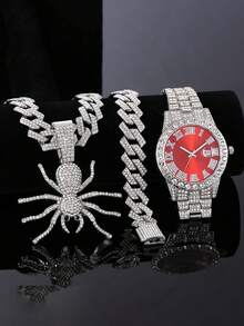 1 Set de Accesorios de Moda Personalizados para Hombres: Collar con Colgante de Bulldog con Strass, Cadena Cubana, Pulsera y Reloj Rojo de Estilo Hip Hop - Rojo - Ver 20
