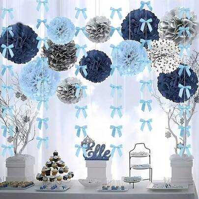 2个珍珠链蝴蝶结装饰挂件，蓝色涤纶丝带蝴蝶结，适用于婚礼、生日、餐桌装饰、主题派对用品、节日工艺品