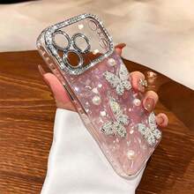 3D Rhinestone Pearl Butterfly Phone Case With Lens Protection, Full Coverage Anti-Fall Anti-Shock New Model, Luxury Pearl Diamond Butterfly Transparent Plated Soft Silicone Back Cover Phone Protective Case, Compatible With IPhone 17/16/15/14/13/12 Pro Max - Multicolor - View 11