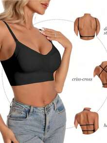 1 Pc Women's Seamless Backless Multiway Bra – 3 Convertible Strap Options (Double Strap/Criss-Cross/Halter), Wireless Lightweight Breathable Bralette For A/B Cup, Ideal For Weddings, Formal Dresses, Spaghetti Strap Tops, Summer Wear, Viral Bestselling Must-Have, Perfect Gifts For Brides, Girlfriends & Wives - màu đen - Xem 10