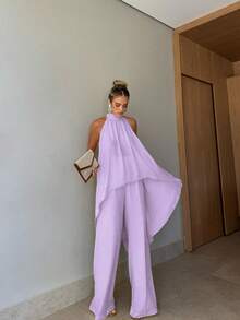 2pcs Set Solid Color Elegant Casual Party Front Short Back Long Twist Halter Neck Long Top And Pants Women Suit, Vacation, Date, Street Style, Spring/Summer - Mauve Purple - View 7