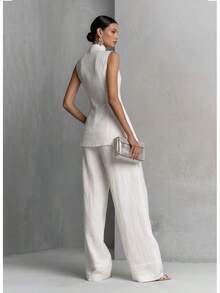 Stand Collar Sleeveless Top With Half-Buttoned Front, Cinched Waist, And Asymmetrical Hem + High-Waisted Wide-Leg Pants Two-Piece Set For Women |   Minimalist And Sophisticated Style, Perfect For Everyday Outings & Office Commutes, Suitable - White - View 2