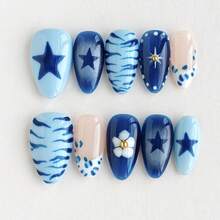 Toitoi Nail| 10pcs Of Handmade Wearable Nails - Short Almond Shape With Blue Star Zebra Leopard Print 3D Floral Rhinestones, Retro Sweet Cool Style| Suitable For Parties, Daily Wear, And Autumn/Winter 2025 - 短杏仁-S - 查看 2