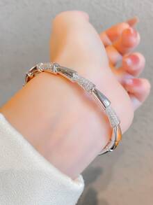 1pc Fashionable Luxury Bamboo Knot Cubic Zirconia Bangle, Elegant Bracelet Jewelry Gift For Girlfriend, Versatile For Commute & Date - Fashion Bracelets - View 10