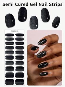 20片白色猫眼半固化凝胶美甲贴，春夏简约精致黑色星空自粘凝胶美甲全贴，易于美甲，不易脱落，适合女性居家DIY美甲用品 - 黑色 - 查看 2