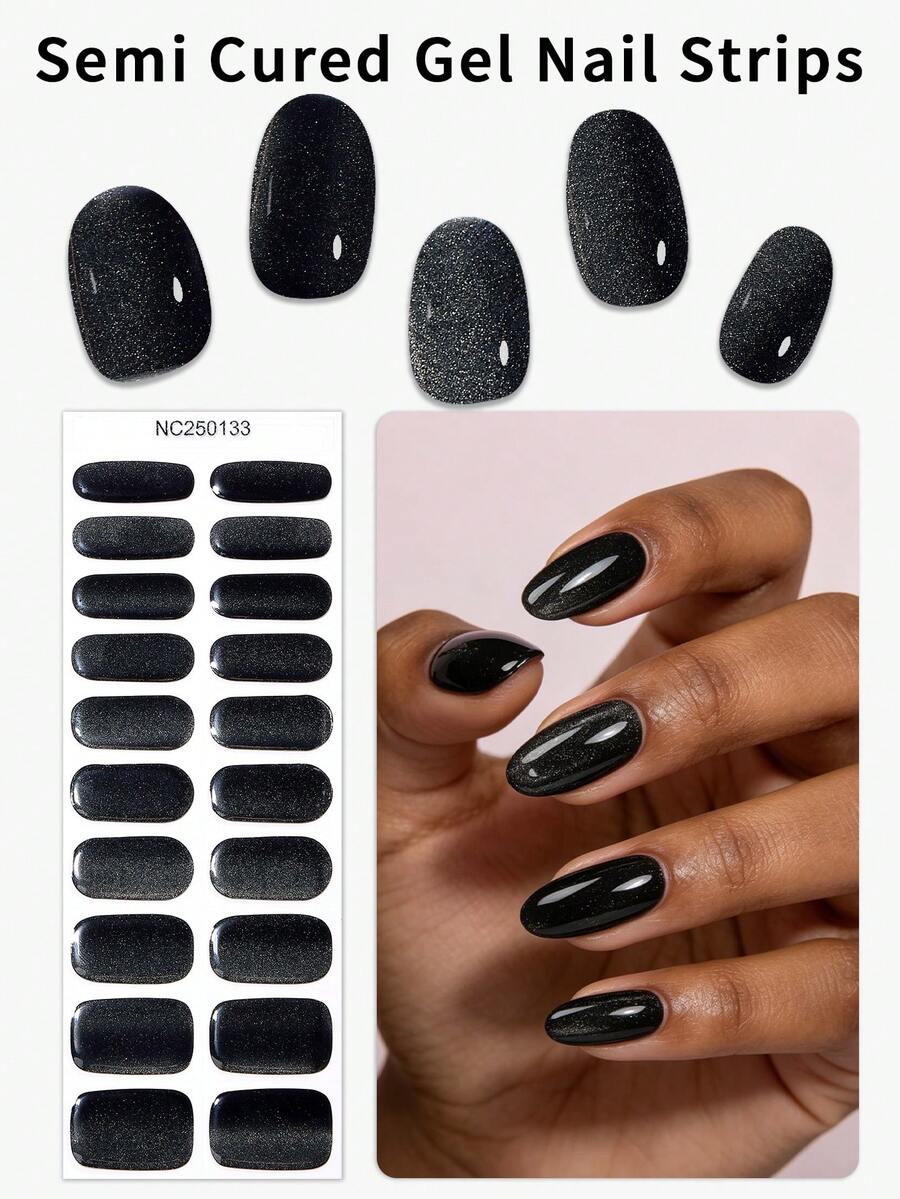 20片白色猫眼半固化凝胶美甲贴，春夏简约精致黑色星空自粘凝胶美甲全贴，易于美甲，不易脱落，适合女性居家DIY美甲用品