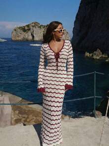 Vestido de manga larga con escote en V profundo a rayas azul y blanco de estilo casual y vacacional para mujer, vestido largo bohemio y sexy para fiestas en la playa y vacaciones de verano - Granate y blanco roto - Ver 4