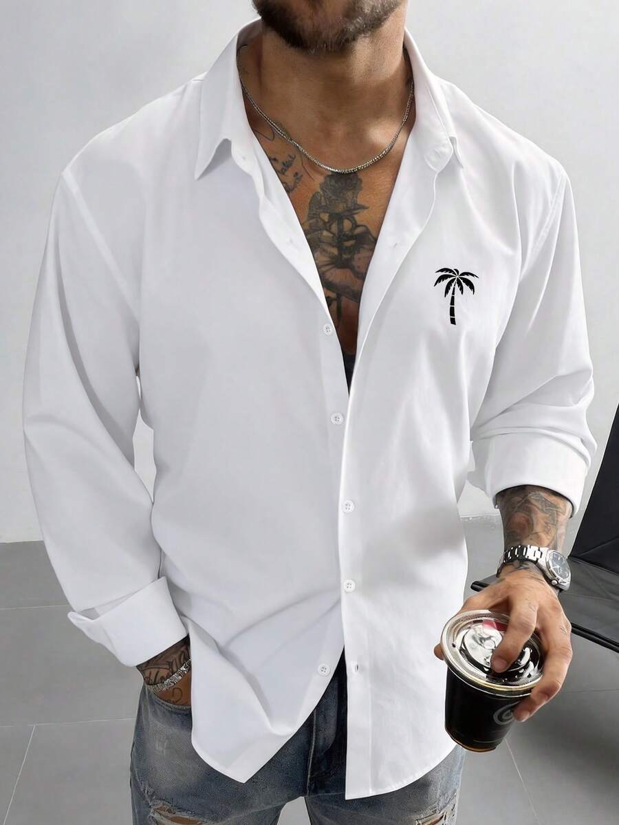 Men's Palm Tree Pattern Long Sleeve Loose Fit Button-Down Shirt - White - View 1