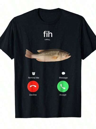 Men's Funny Fih Calling Fishing Phone-Shirt - Smartphone-Like UI Design With Accept/Decline Buttons & Fish,% Polyester Breathable Casual Round Neck Tee Summer, Fishing Trips & Tech-Themed Outfits ( Humor)