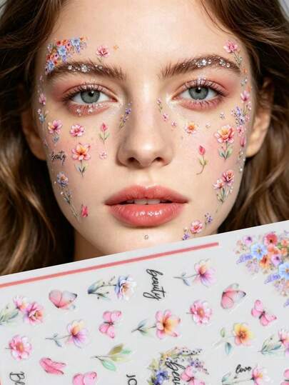 1 pieza Pegatina facial con diseño floral, calcomanía de flores de acuarela con rhinestones, decoración de maquillaje para fiesta de disfraces, accesorio de maquillaje de estilo INS, ornamento cosmético personalizado y versátil