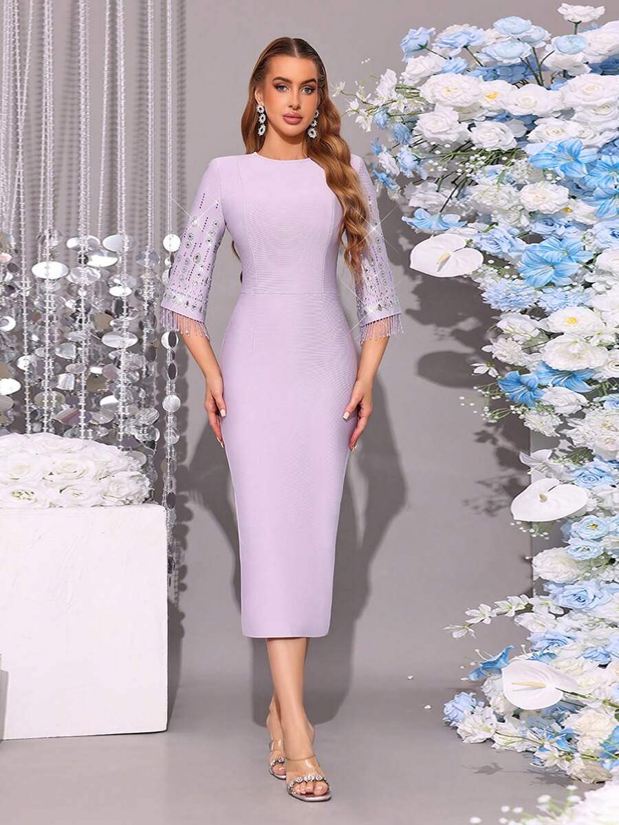 New Arrival European And American Fashion Women Round Neck Patchwork Fringe Elegant Dress - Mauve Purple - View 1