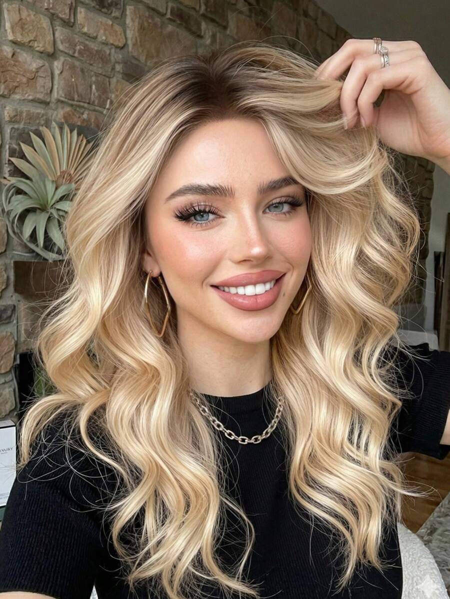 Tóc giả dài 18 inch màu vàng mật ong, kiểu balayage, tóc xoăn bồng bềnh, thích hợp cho nữ, dùng hàng ngày, dự tiệc, cosplay, Halloween, quà tặng Giáng sinh. - Tóc vàng ombre - Xem 1