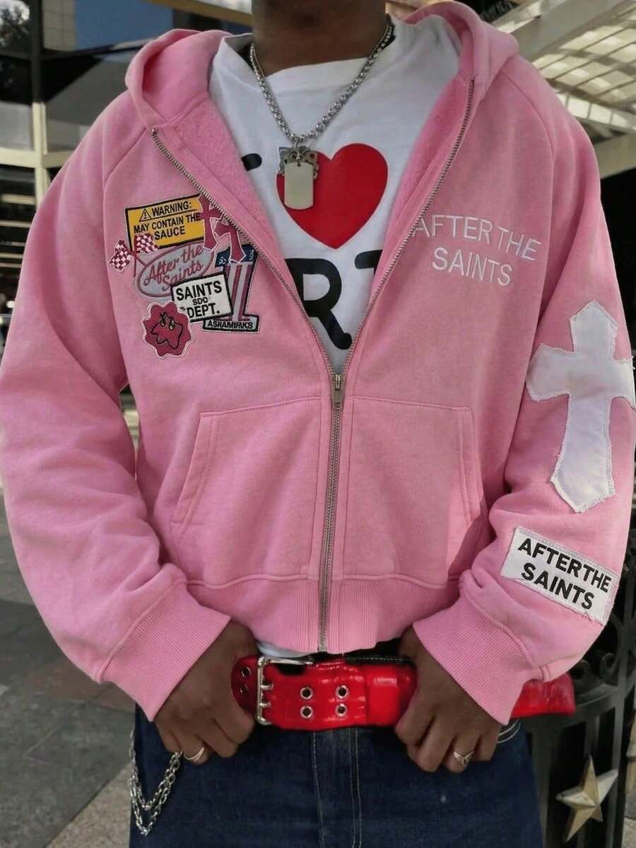 Men's Pink Hoodie With Cross Patch Badge - Relaxed Fit, Zippered Cardigan, Cotton Feel, Street Style, Drop Shoulder Design, Unisex American High Street Fashion With Multiple Badge Embellishments - Hồng - Xem 1