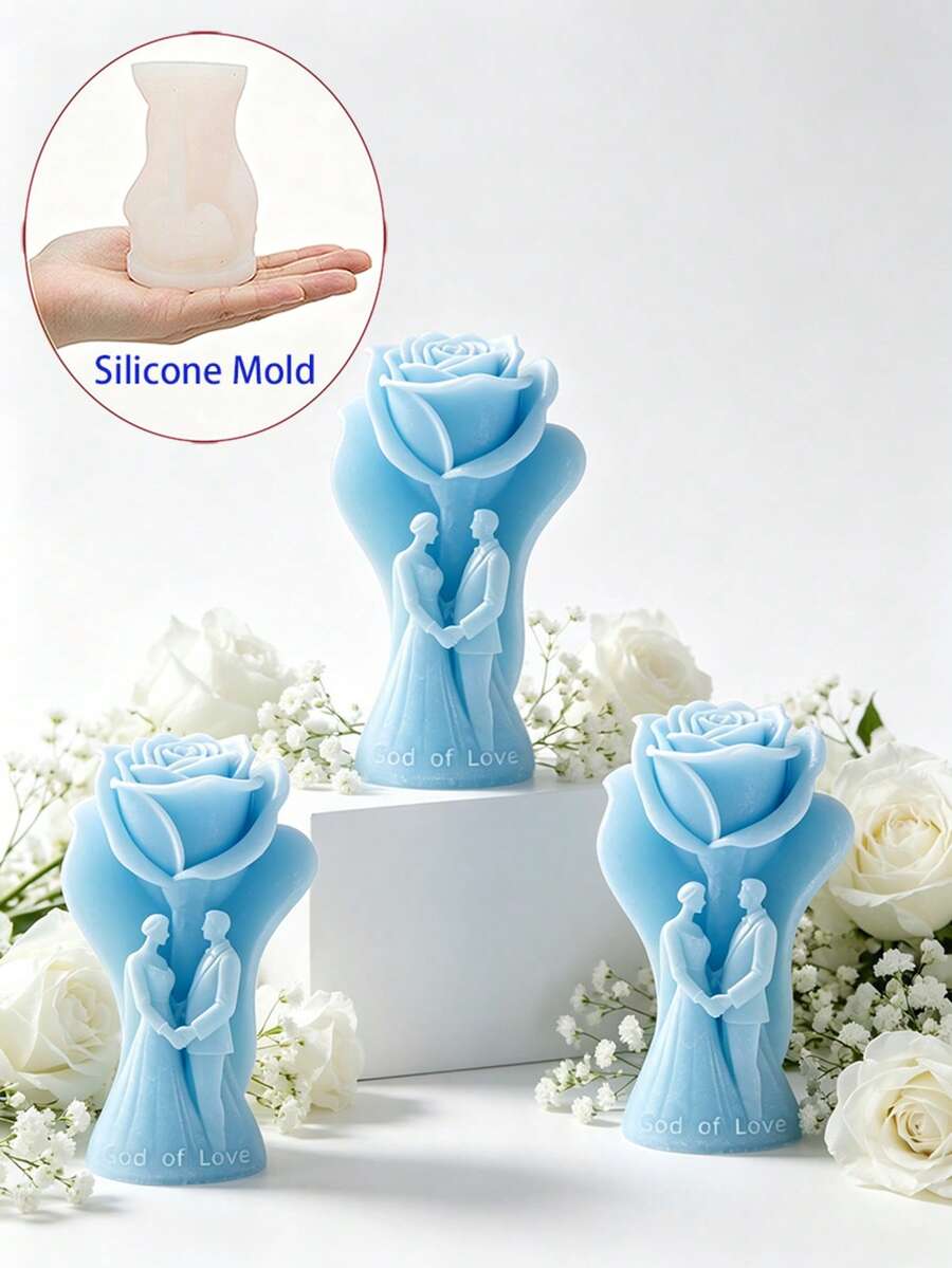 3D玫瑰新婚夫妇模具,婚礼回礼DIY模具,周年纪念香氛蜡烛石膏装饰,浪漫婚礼装饰手工工具 - 1pc相擁情侶矽膠模具 - 查看 1