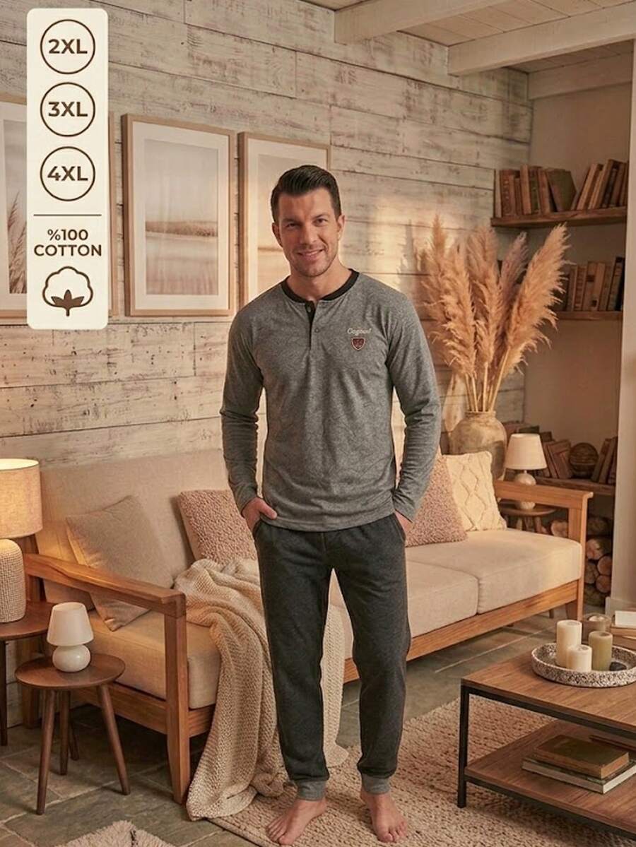 Men's Solid Cotton Long Sleeve Henley Pajama Set, Comfortable Two Pieces Loungewear Sleepwear Set - Dark Grey - View 1