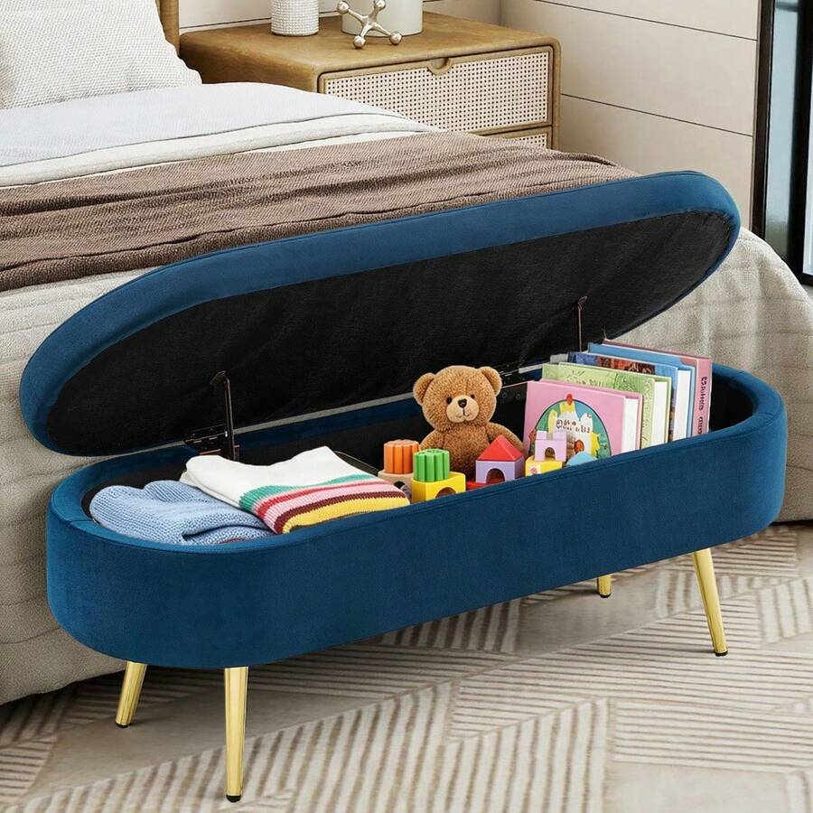 Multifunctional Storage Bench / Soft Chenille Fabric Modern Storage Bench / 20L Storage Space / Wooden Legs / For Bedroom, Living Room, Shoe Bench, Hallway - 深藍色 - 查看 1