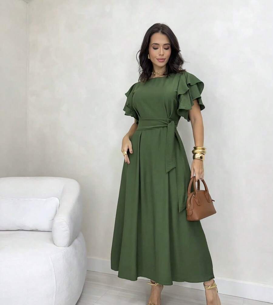 Duna Women's Long Midi Dress In Linen With Ruffle Sleeves And Belt - Army Green - View 1