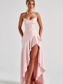 Red Satin Maxi Dress Cowl Neck Spaghetti Strap Ruffle High Slit Formal Gown - Pink - View 6