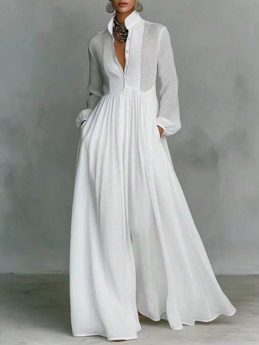 Elegant French-Style Dress For Women, Fitted, Long-Sleeved, Plain Emerald Green, High Neck And Raglan Sleeves, Ideal For Vacation - 白色 - 查看 1