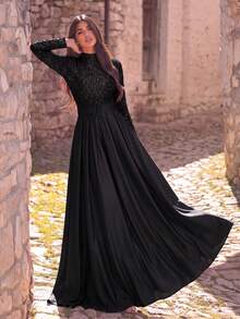 Faeriesty Vestido formal con cuello alto y lentejuelas - Adecuado para bodas, galas formales y eventos de etiqueta negra Fiesta elegante - Negro - Ver 3