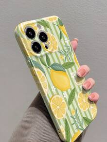 1pc INS Style Fresh Lemon Flower Leaf Classic Striped Pattern Perforated Glossy Filmic Hard Phone Case, Suitable For IPhone 11/12/13/14/15/16 Pro Max - Multicolor - View 2