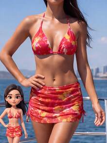 Conjunto de bikini de halter con estampado de teñido anudado de alta saturación para mujer 2026, traje de baño de estilo de vacaciones sexy y de moda de 3 piezas con falda envolvente con cordón, playa y ocio de spa de verano - Multicolor - Ver 3