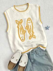 Women's Casual Vacation Fish Pattern Colorblock Sleeveless Knit Tank Top, Spring/Summer - Yellowish-white - View 4