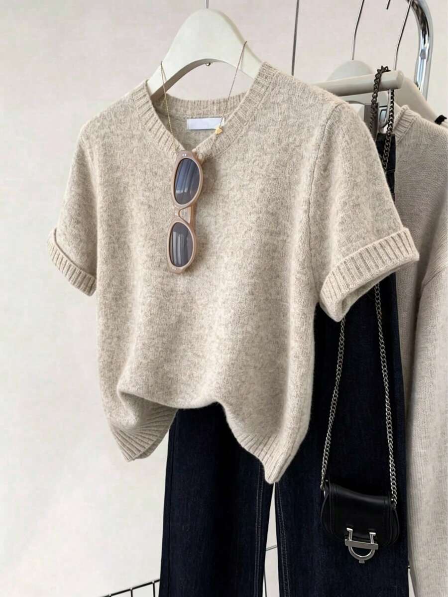 Solid Color Ribbed Knit Top, Casual Wear For Spring & Summer - Khaki - View 1
