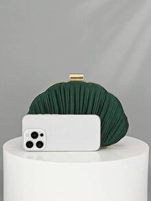 Elegant/Luxurious Satin Pleated Box Bag For Cocktails By OpulAura, Romantic Wedding Bag, Sophisticated Party Dress Bag, Minimalist Apricot Color Box Bag With Detachable Chain, Suitable As A Holiday Gift - 墨綠色 - 查看 4