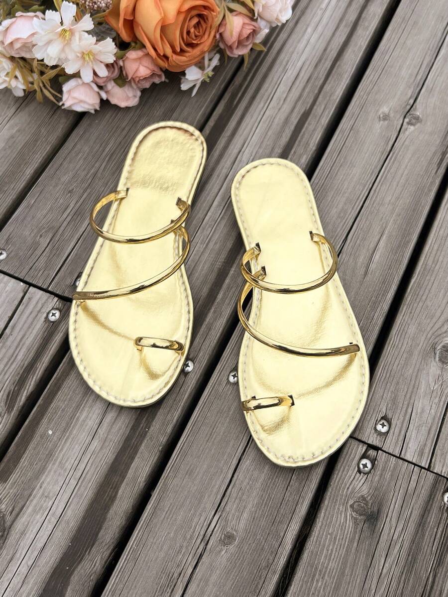 New Striped Flat Sandals Thong Metal Thin Strap Backstrap Flat Slides Casual Daily Commute Vacation Travel Thong Backstrap Flat Slides - Gold - View 1