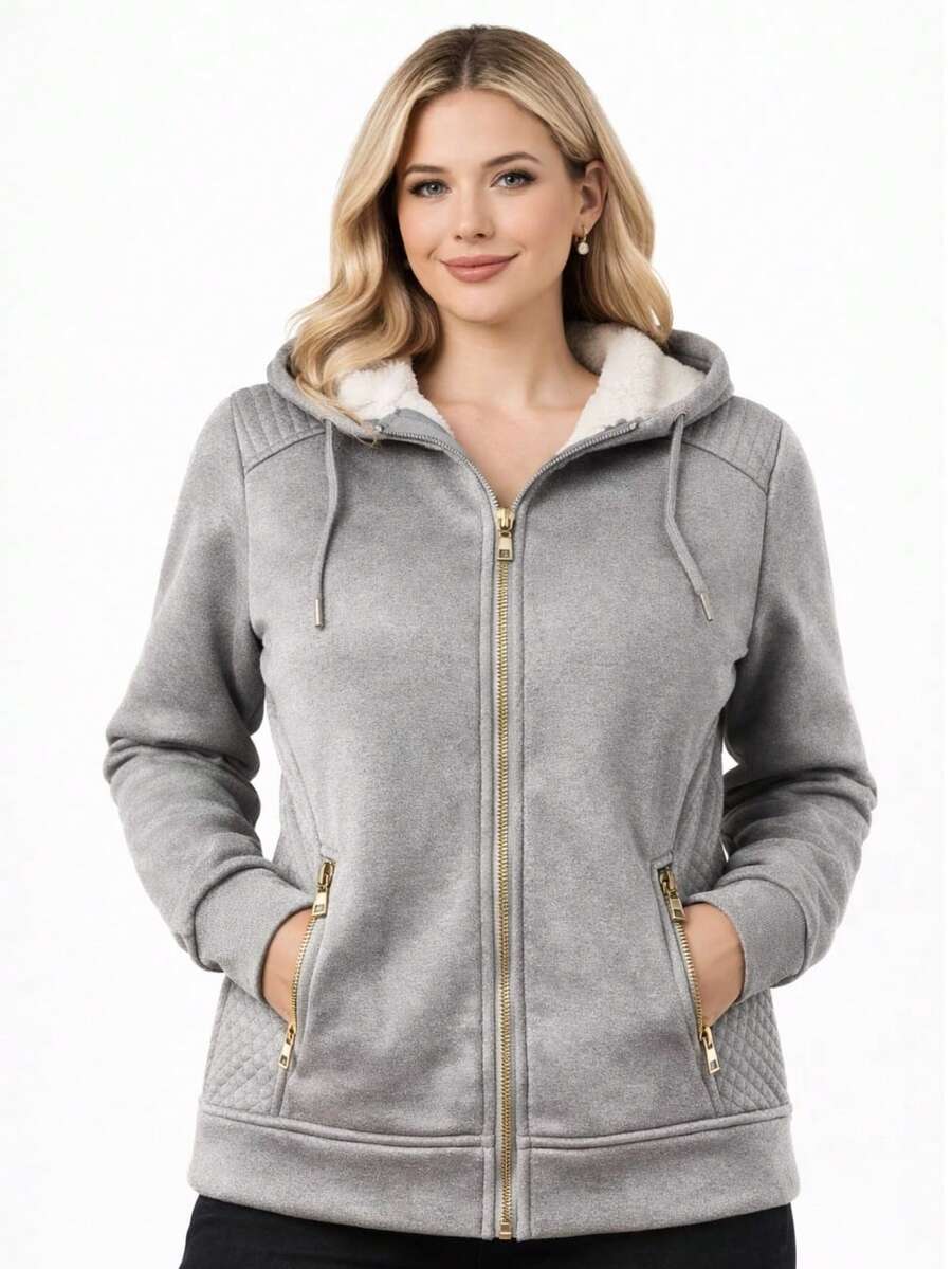 Women's Super Stylish Waterproof Fleece Jacket With Removable Hood, Neoprene - Light Grey - View 1